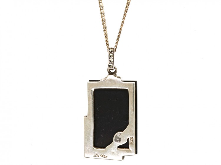Art Deco Silver, Onyx, Marcasite & Pearl Pendant on a Silver Chain
