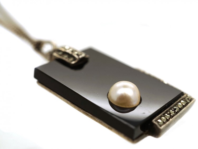 Art Deco Silver, Onyx, Marcasite & Pearl Pendant on a Silver Chain