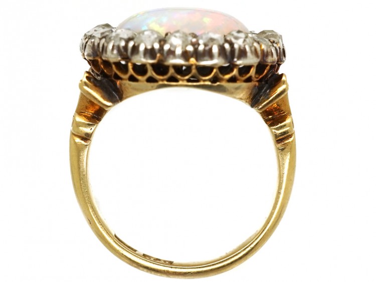 Edwardian 18ct Gold, Large Opal & Rose Diamond Cluster Ring