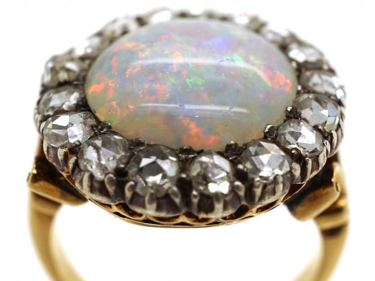 Edwardian 18ct Gold, Large Opal & Rose Diamond Cluster Ring