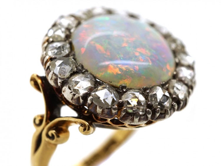 Edwardian 18ct Gold, Large Opal & Rose Diamond Cluster Ring