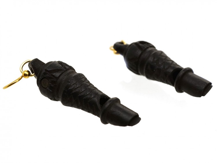 Victorian Bog Oak & Stanhope Whistle Drop Earrings