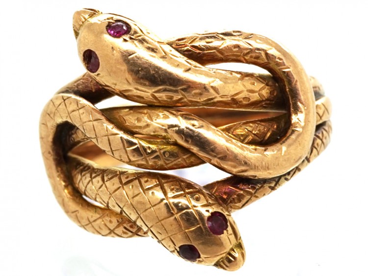 Victorian 15ct Gold Double Snake Ring with Ruby Eyes