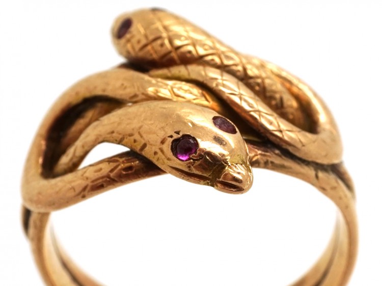 Victorian 15ct Gold Double Snake Ring with Ruby Eyes