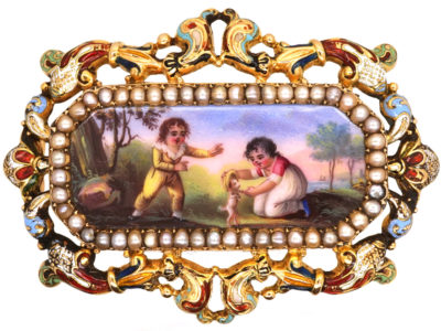Early 19th Century 15ct Gold & Natural Split Pearl Swiss Enamel Brooch of Children Playing With a Dog Early 19th Century 15ct Gold & Natural Split Pearl Swiss Enamel Brooch of Children Playing With a Dog