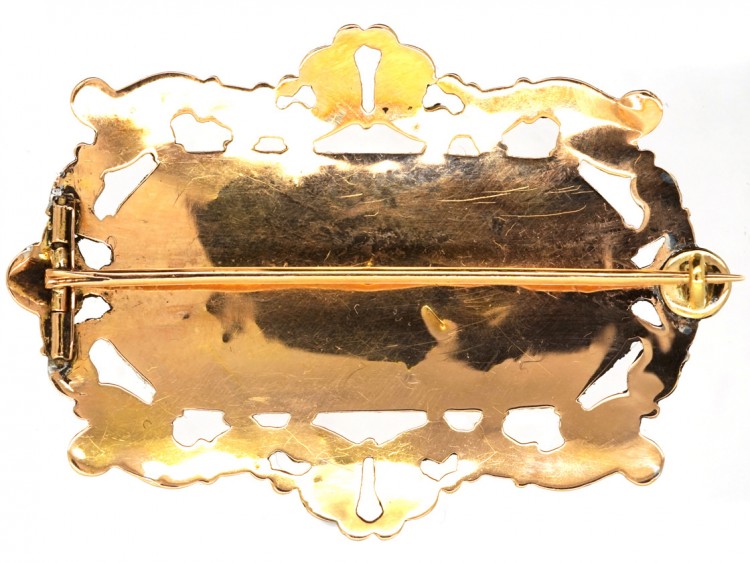 Early 19th Century 15ct Gold & Natural Split Pearl Swiss Enamel Brooch of Children Playing With a Dog