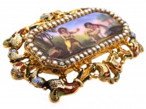 Early 19th Century 15ct Gold & Natural Split Pearl Swiss Enamel Brooch of Children Playing With a Dog