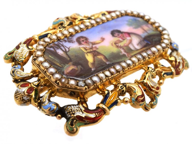 Early 19th Century 15ct Gold & Natural Split Pearl Swiss Enamel Brooch of Children Playing With a Dog