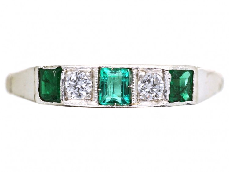 Art Deco 18ct Gold & Platinum, Emerald & Diamond Five Stone Ring
