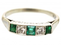 Art Deco 18ct Gold & Platinum, Emerald & Diamond Five Stone Ring