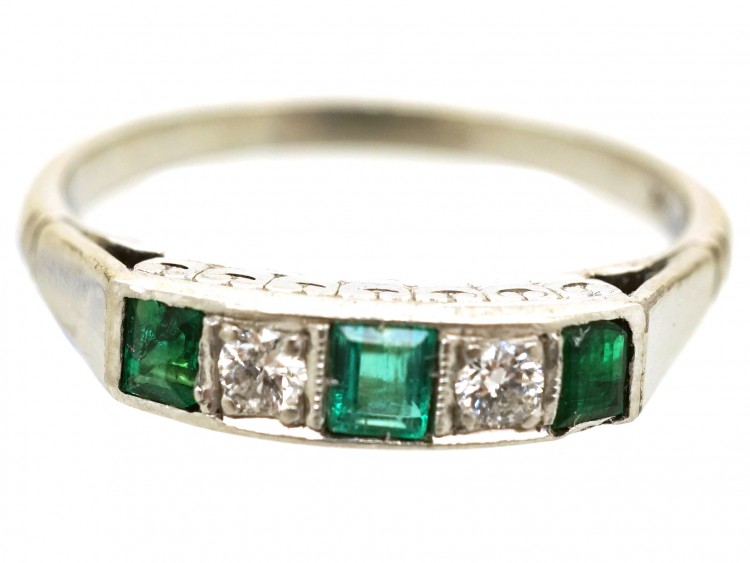 Art Deco 18ct Gold & Platinum, Emerald & Diamond Five Stone Ring
