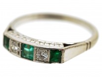 Art Deco 18ct Gold & Platinum, Emerald & Diamond Five Stone Ring