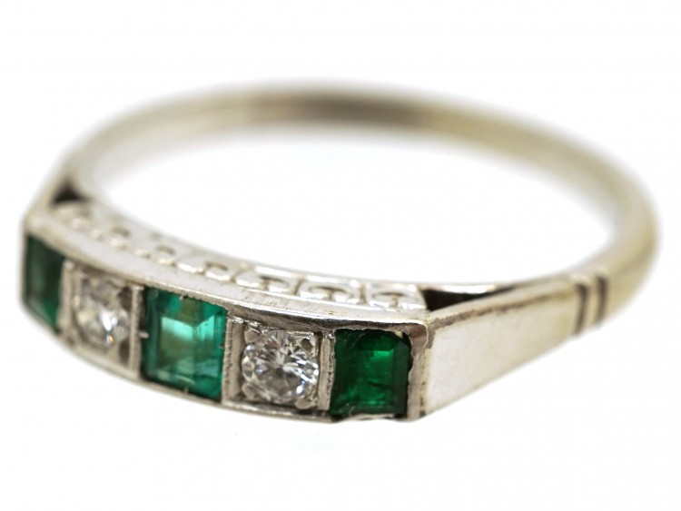 Art Deco 18ct Gold & Platinum, Emerald & Diamond Five Stone Ring