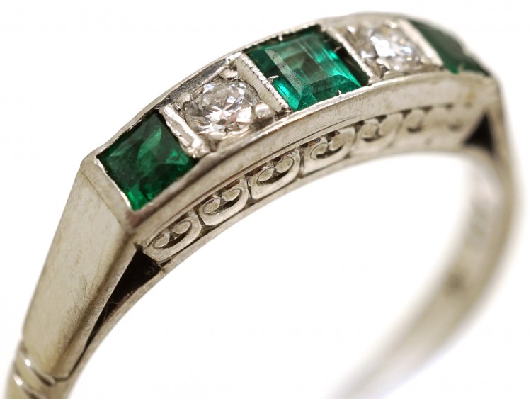 Art Deco 18ct Gold & Platinum, Emerald & Diamond Five Stone Ring
