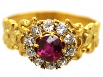 Art Nouveau 18ct Gold Ruby & Diamond Cluster Ring