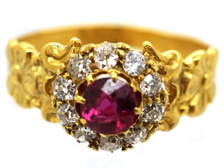 Art Nouveau 18ct Gold Ruby & Diamond Cluster Ring