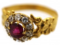Art Nouveau 18ct Gold Ruby & Diamond Cluster Ring