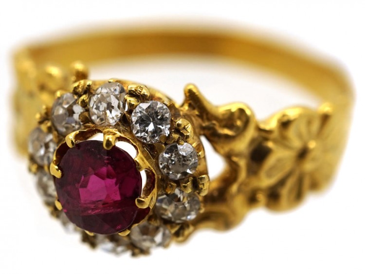 Art Nouveau 18ct Gold Ruby & Diamond Cluster Ring