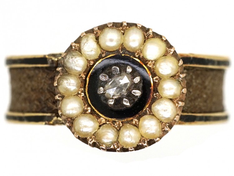 Georgian Natural Split Pearl & Rose Diamond Mourning Ring
