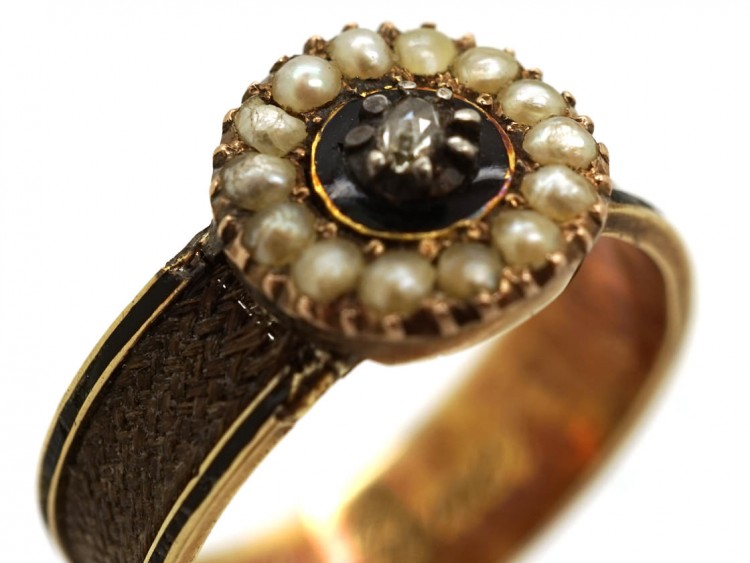 Georgian Natural Split Pearl & Rose Diamond Mourning Ring