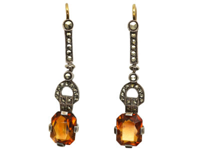 Art Deco Silver, Citrine & Marcasite Drop Earrings