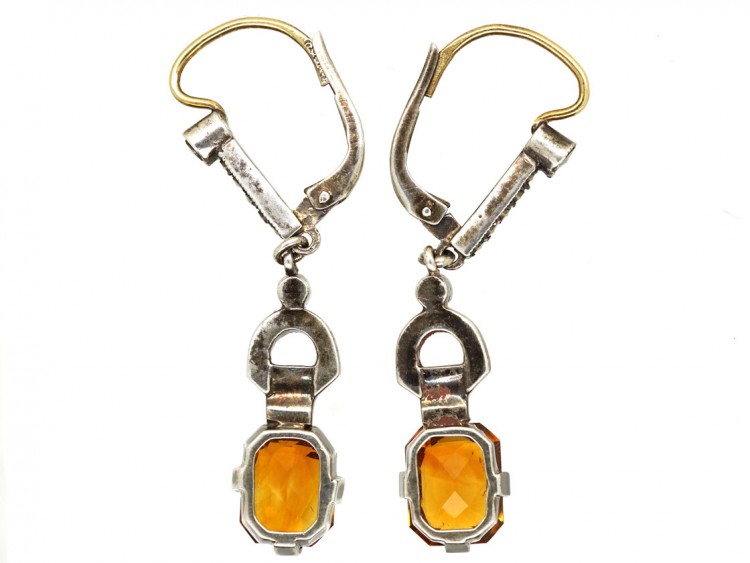 Art Deco Silver, Citrine & Marcasite Drop Earrings