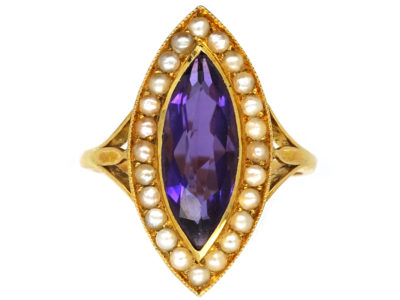 Edwardian 15ct Gold, Amethyst & Natural Split Pearl Marquise Ring by Murrle Bennett
