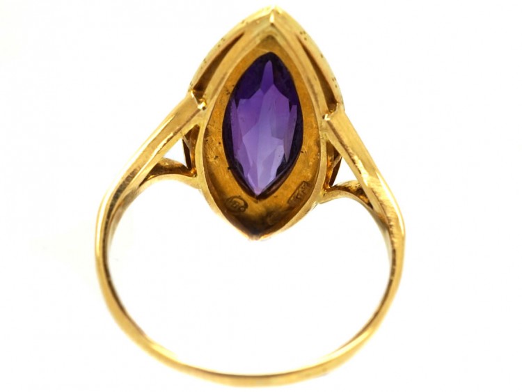 Edwardian 15ct Gold, Amethyst & Natural Split Pearl Marquise Ring by Murrle Bennett
