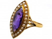 Edwardian 15ct Gold, Amethyst & Natural Split Pearl Marquise Ring by Murrle Bennett