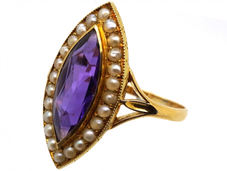 Edwardian 15ct Gold, Amethyst & Natural Split Pearl Marquise Ring by Murrle Bennett
