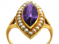 Edwardian 15ct Gold, Amethyst & Natural Split Pearl Marquise Ring by Murrle Bennett