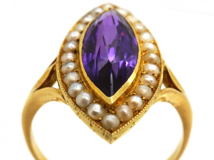 Edwardian 15ct Gold, Amethyst & Natural Split Pearl Marquise Ring by Murrle Bennett