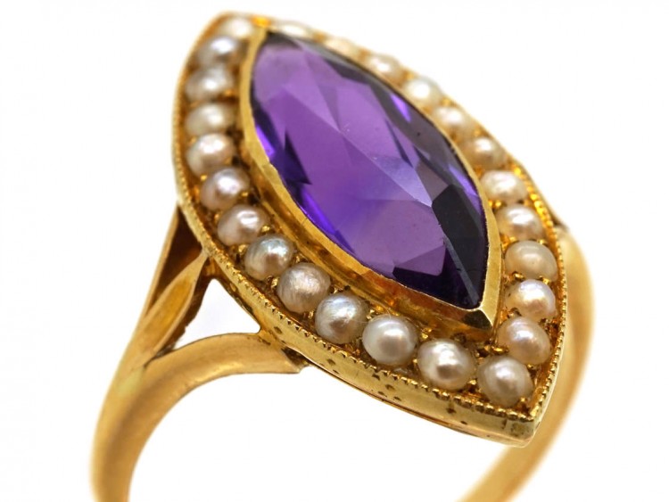 Edwardian 15ct Gold, Amethyst & Natural Split Pearl Marquise Ring by Murrle Bennett