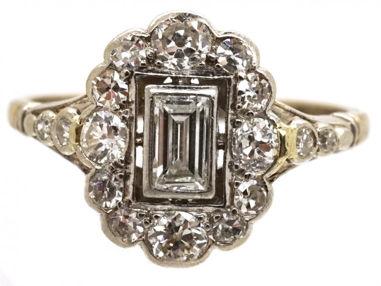 Art Deco Platinum & Diamond Rectangular Ring with Diamond Shoulders