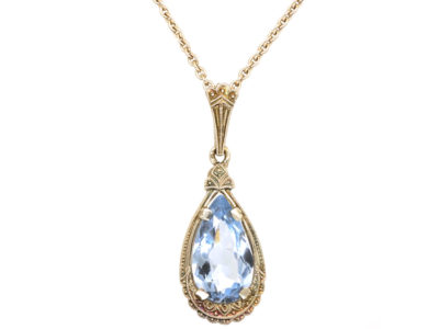 Art Deco Synthetic Blue Spinel Pendant on Silver Chain