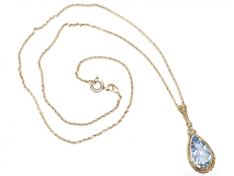 Art Deco Synthetic Blue Spinel Pendant on Silver Chain