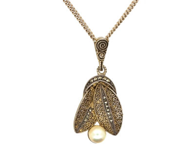 Silver Gilt & Marcasite Art Deco Pendant on Chain by Theodor Fahrner