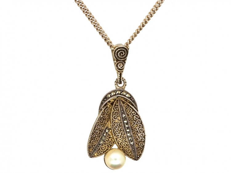 Silver Gilt & Marcasite Art Deco Pendant on Chain by Theodor Fahrner