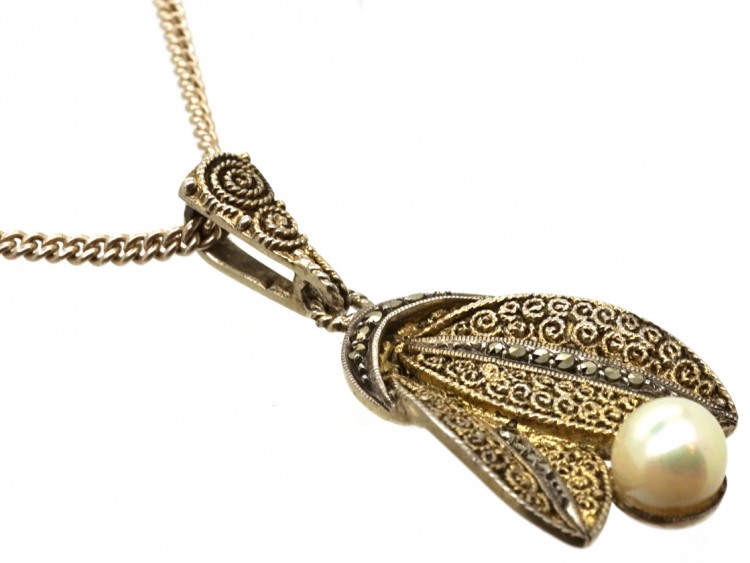 Silver Gilt & Marcasite Art Deco Pendant on Chain by Theodor Fahrner