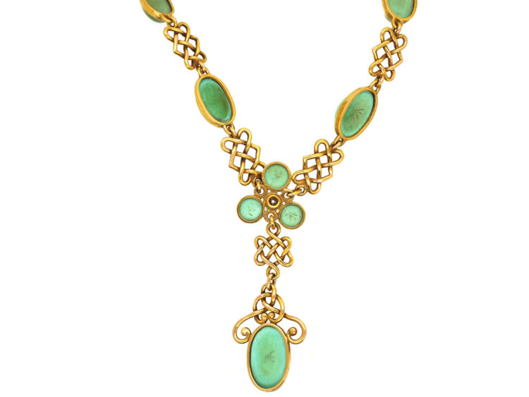 18ct Gold Arts & Crafts Necklace Set With Turquoise & a Diamond