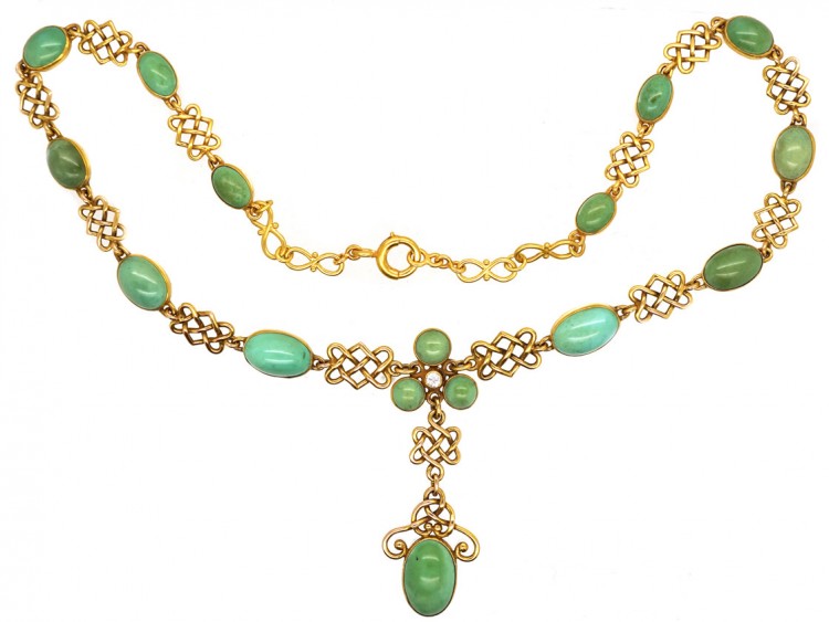 18ct Gold Arts & Crafts Necklace Set With Turquoise & a Diamond