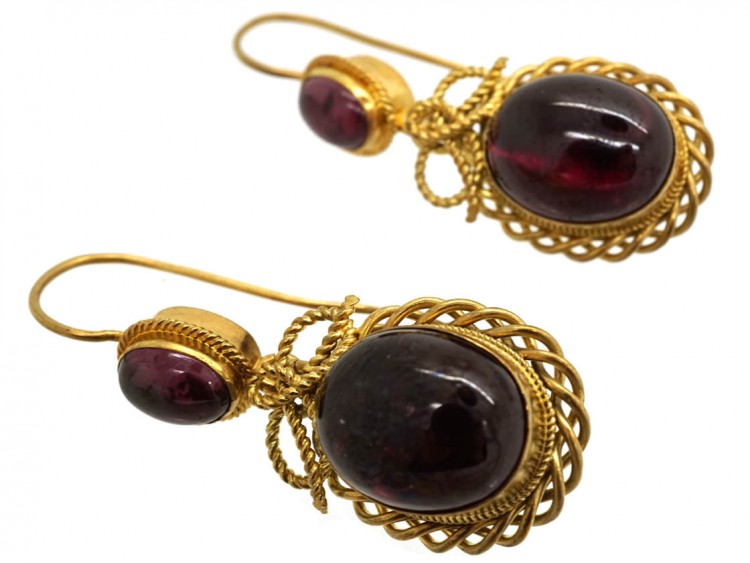 Victorian 15ct Gold & Cabochon Garnet Drop Earrings