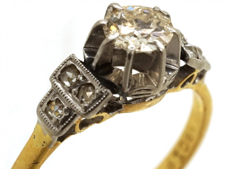 Art Deco Diamond Solitaire Ring With Diamond Shoulders