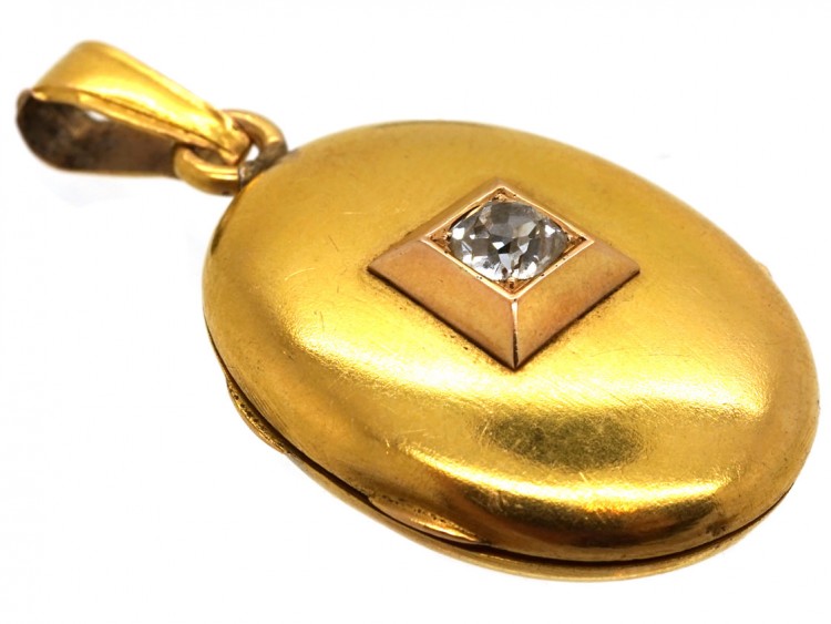 Victorian 18ct Gold Oval Locket Set With a Diamond