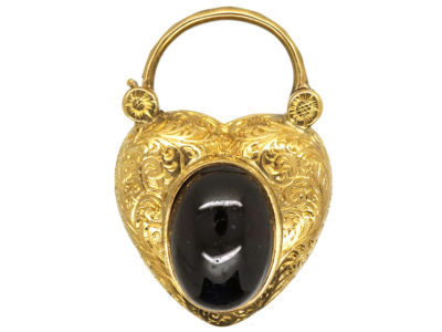 Large 15ct Gold Early Victorian Heart Shaped Padlock Set With A Cabochon Garnet