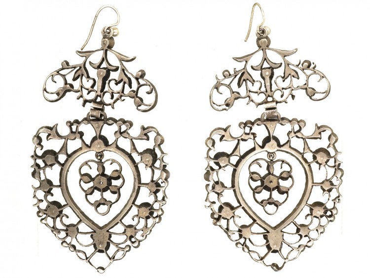 Large Silver & Paste Heart Shaped Drop Earrings