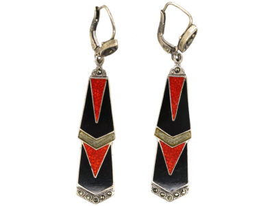 Art Deco Silver, Marcasite & Enamel Earrings