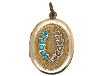Victorian 9ct Back & Front Oval Locket Set With Split Pearls & Turquoise