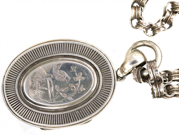 Victorian Oval Silver Bird Motif Locket on The Original Silver Chain