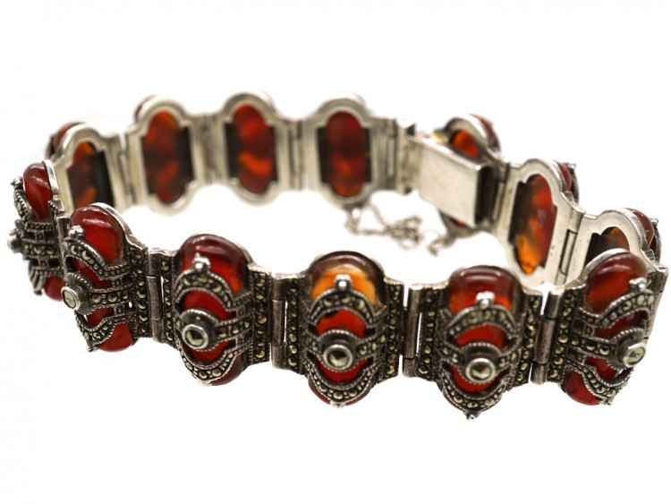 Art Deco Silver, Carnelian & Marcasite Bracelet
